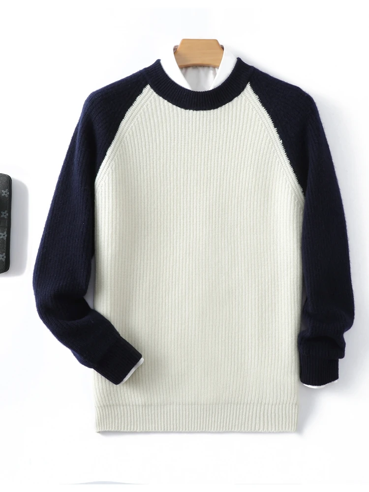 Autumn Winter Men Cashmere Sweater Smart Casual O-neck Pullover Thick Warm Color Matching Clothing 100% Merino Wool Knitwear