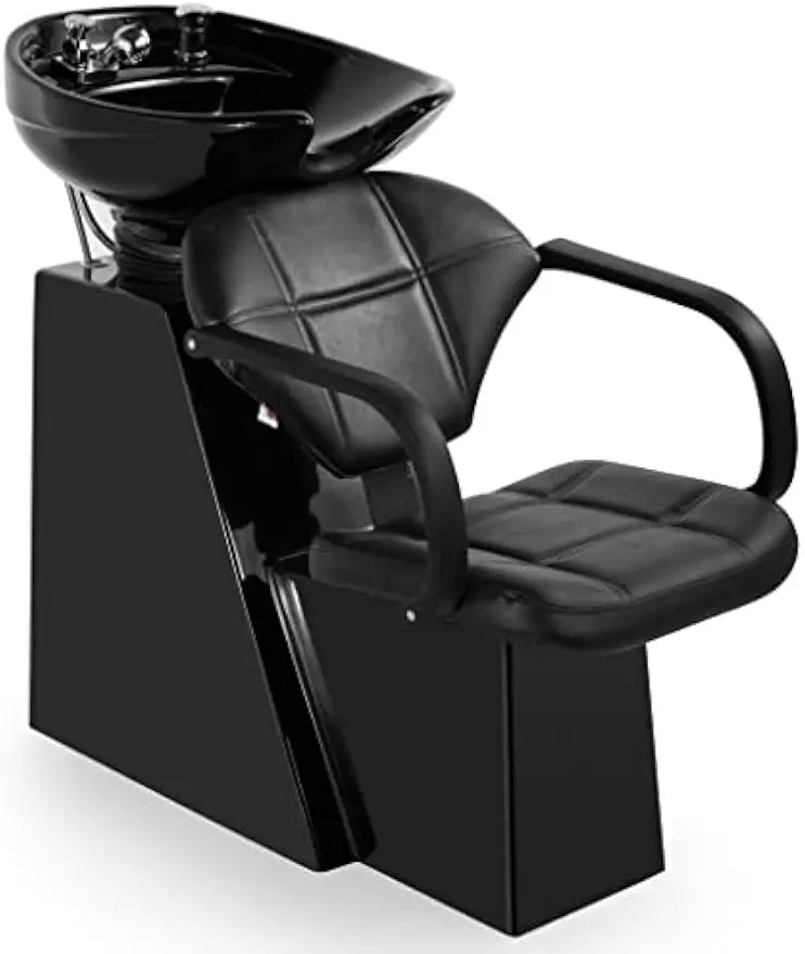 Ceramic Shampoo Bowl Backwash Barber Chair Black Adjustable Sink Rubber Headrest Salon Beauty Spa Equipment