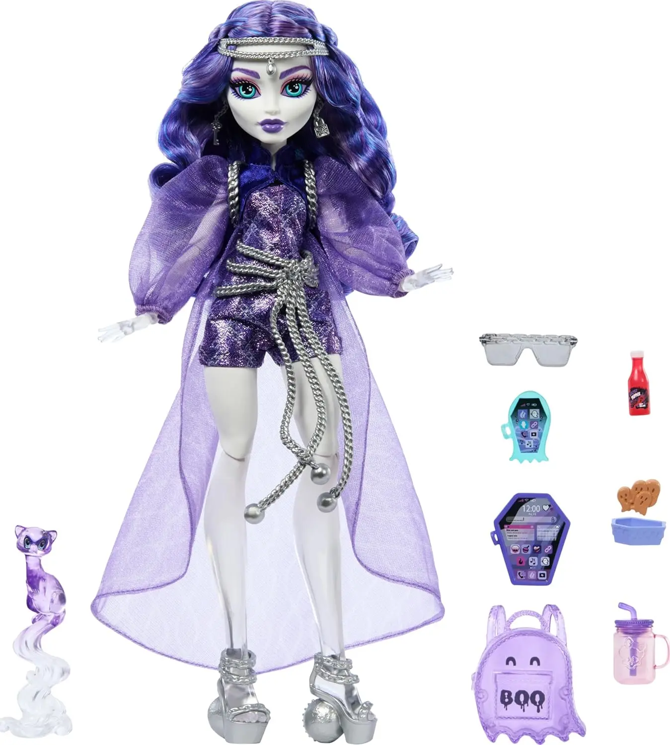 

Ghostly Grace Doll with Pet Ferret, Backpack, Tablet, Snacks & Accessories for Imaginative Play