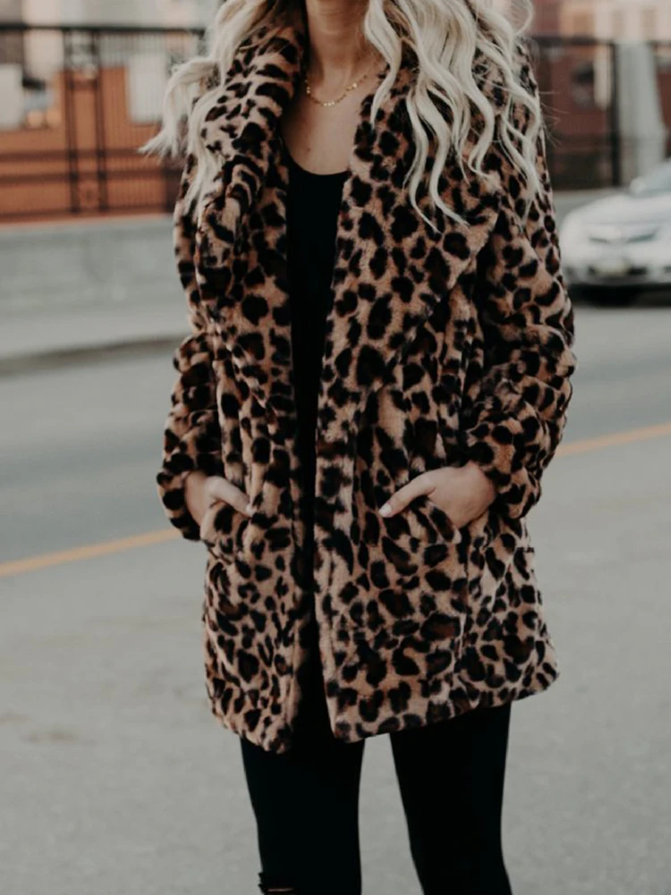 Leopard Faux Fur Coat Women Autumn Winter Warm Thick Plush Jacket Female Vintage High Street Casual Loose Long Sleeve Overcoat