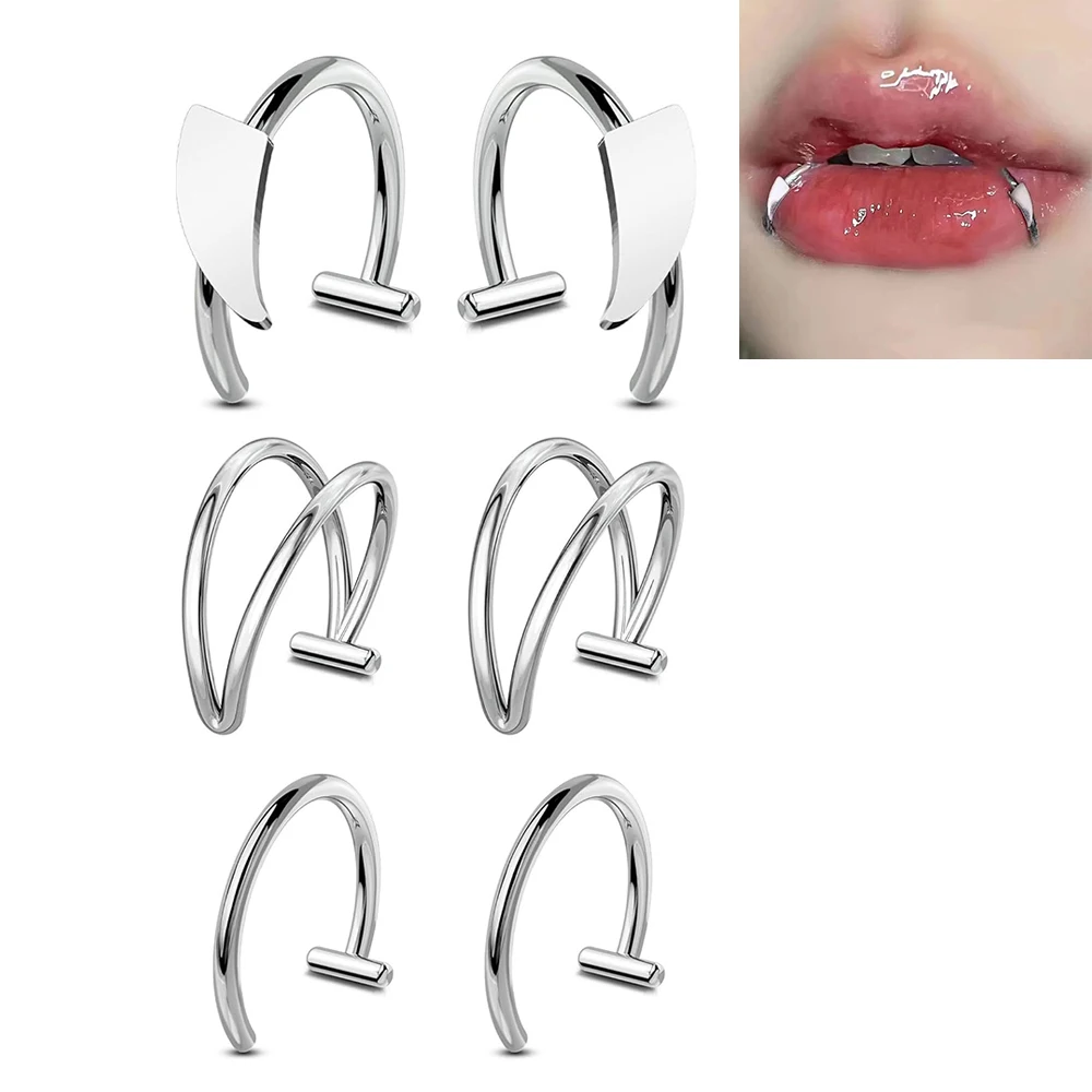 6pcs Stainless Steel Fake Lip Ring Vampire Teeth Ring Adjustable Non-Piercing Lip Cuff Nose Piercing Jewelry for Women Men