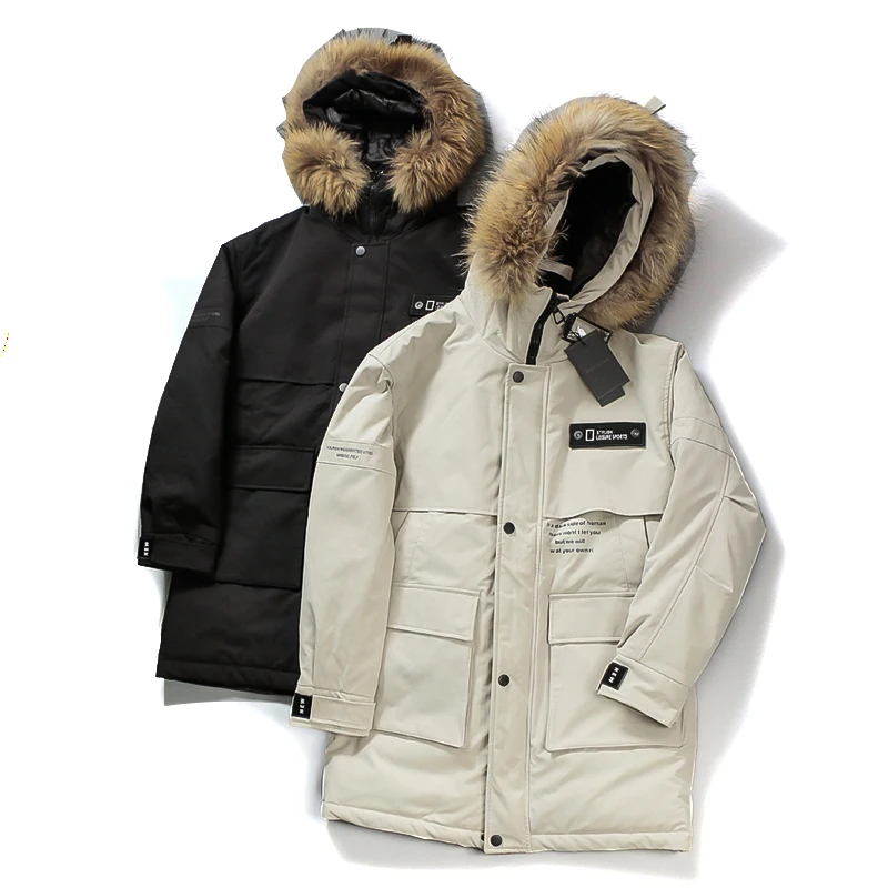 

Высококачественная мужская и женская уличная удлиненная пуховая куртка с 90% пуховым наполнителем, всепогодная, молодежная, на молнии, однотонная