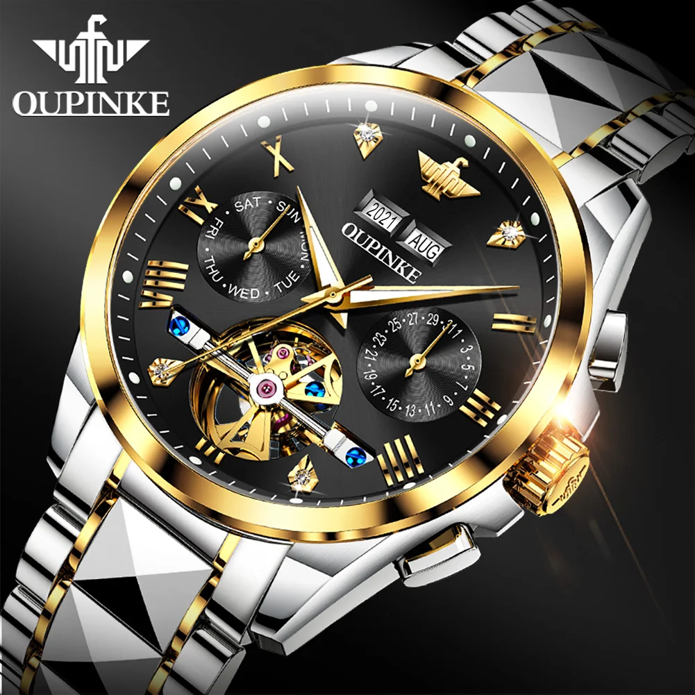 OUPINKE Top Brand Men\'s Watches Luxury Sapphire Automatic Mechanical Watch for Man Tungsten Steel Tourbillon Wristwath Calendar