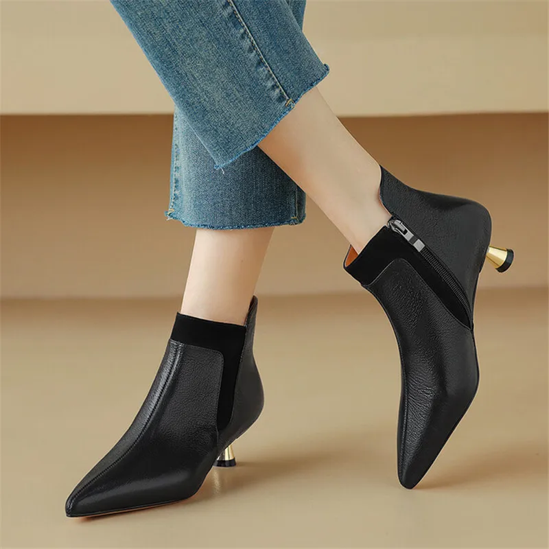 2027 New Autumn Genuine Leather Women Boots Fashion Pointed Toe Knight Boots Concise Short Boots Women Botines