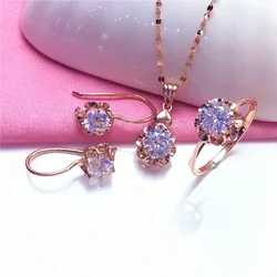 White Shiny Flower Jewelry Set Plated  Rose Gold Earrings for Women Charms Rings Necklace Elegant Light Luxury Necklaces