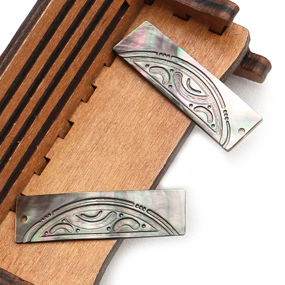 13x45mm Natural Black Shell Rectangular Pendant Single-Sided Intricately Carved Design Single-Hole Charm Jewelry Accessory