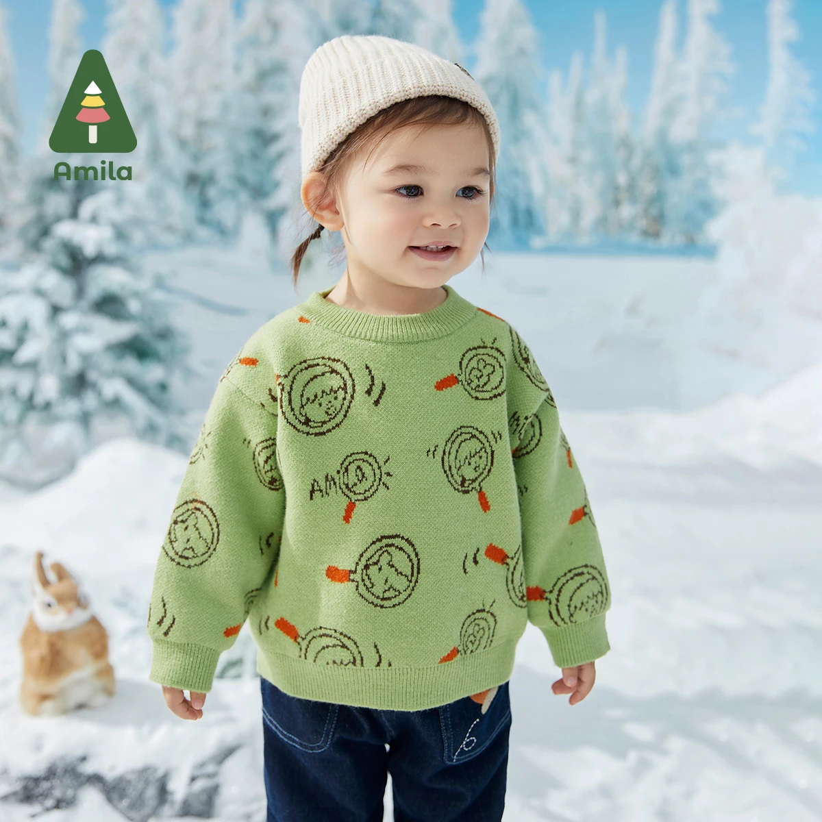 Amila Baby Sweaters 2024 Winter New Boys And Girls Cute Cartoon Print Round Neck Pullover Casual Sweater