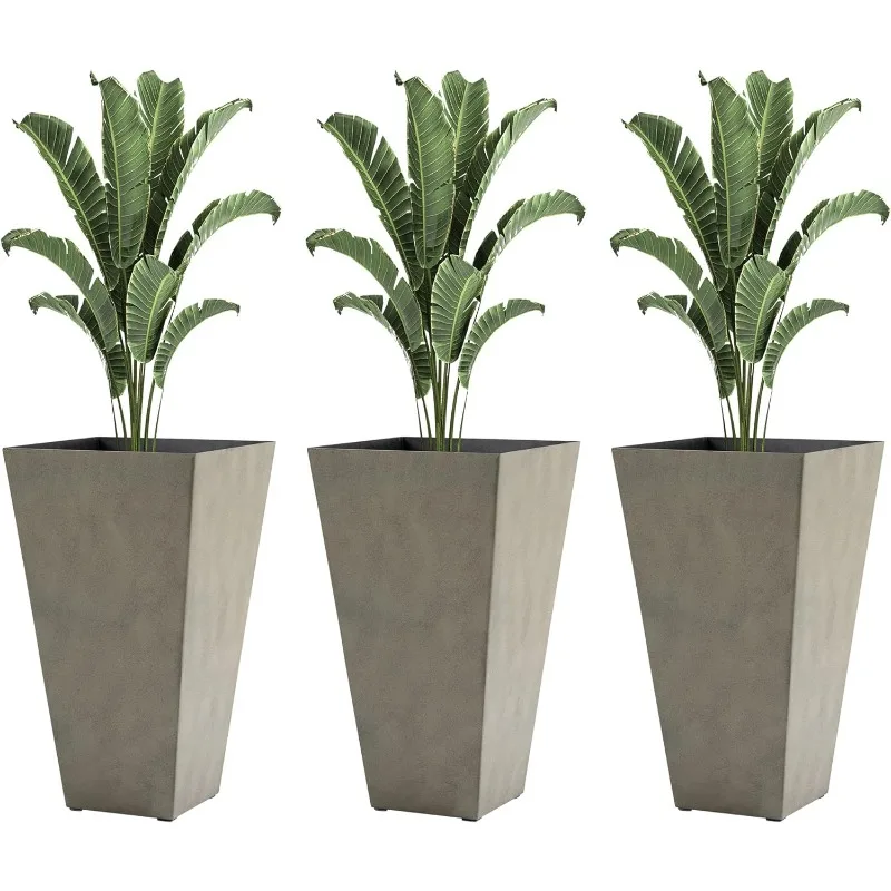 

Set of 3 Tall Planters with Drainage Hole, 28" Outdoor Flower Plant Pots, Indoor Planters for Porch Patio and Deck, Gray