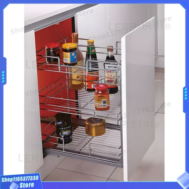 Modern Kitchen Cabinet Organizer Sliding Drawer Basket with Pull Out Seasoning Rack Practical Storage Solution for Home