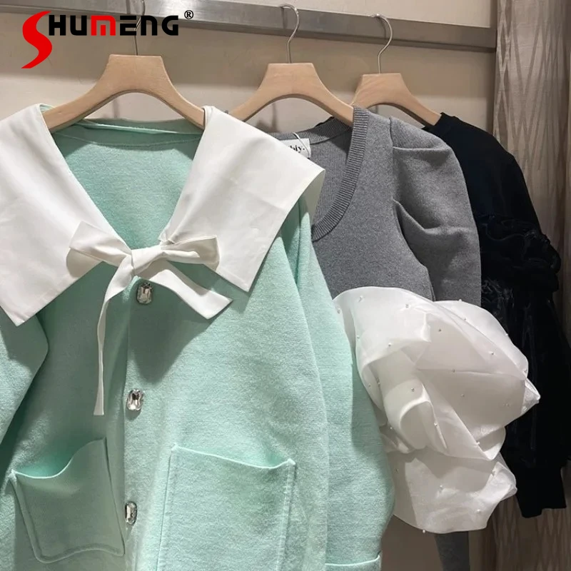

Japanese Lolita Loose Deep V-Neck Long Sleeves knitwear Fake 2-Piece Sweet Casual Tie Knitted Cardigan Jacket Women's Sweater