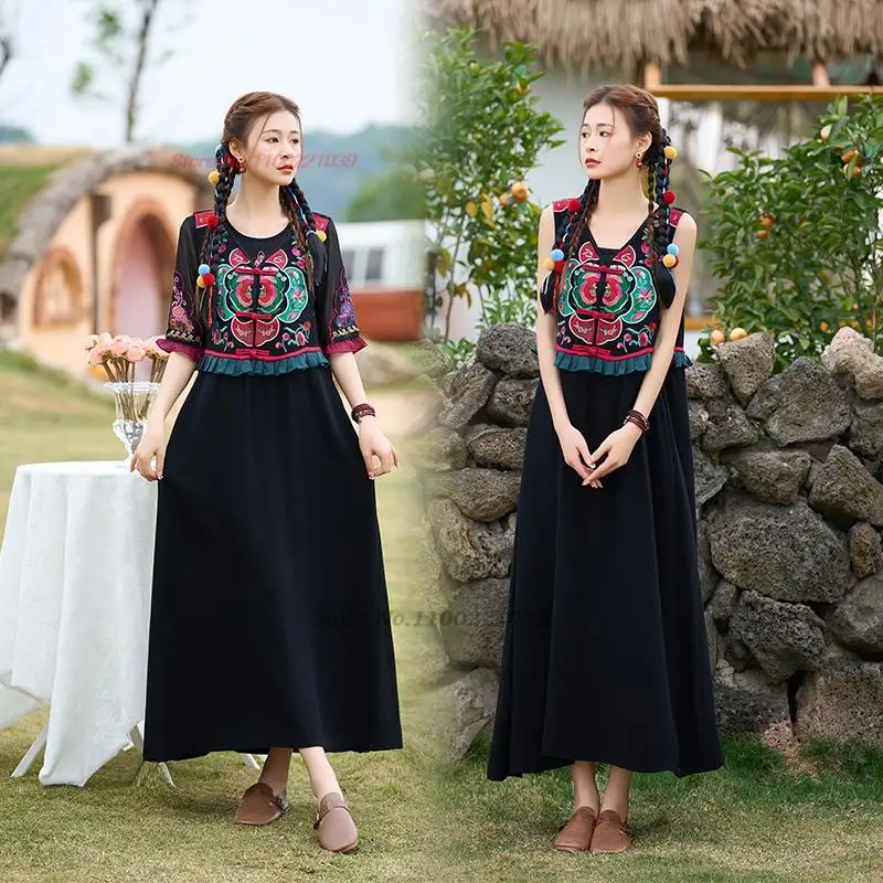 2024 ancient hanfu retro patchwork dress traditional chinese national flower embroidery cotton linen long dress ethnic sundress