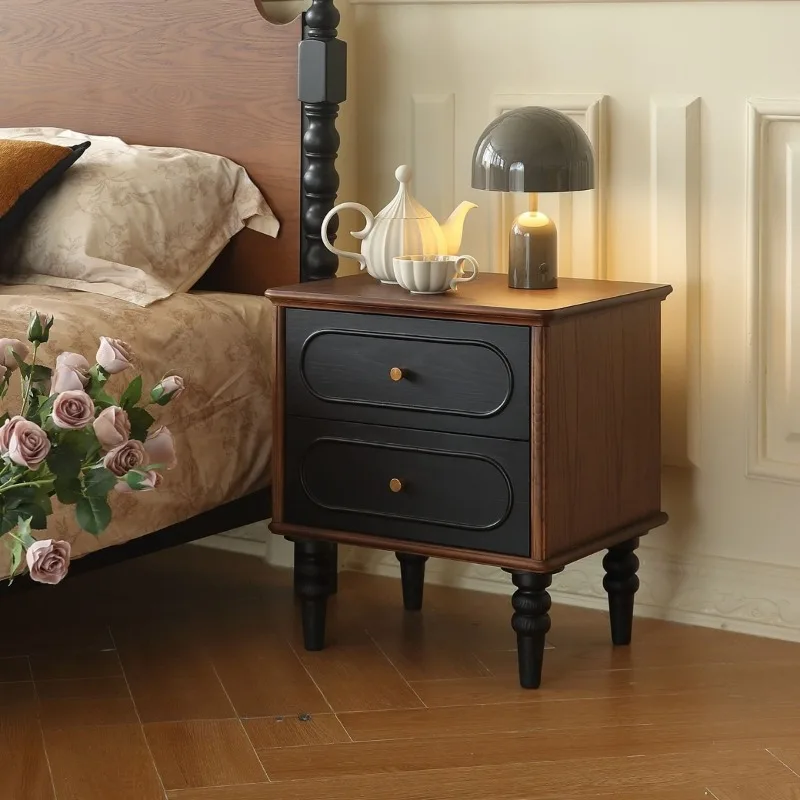 Retro red oak solid wood bedside table double color, black bedroom storage bunk bedside cabinet
