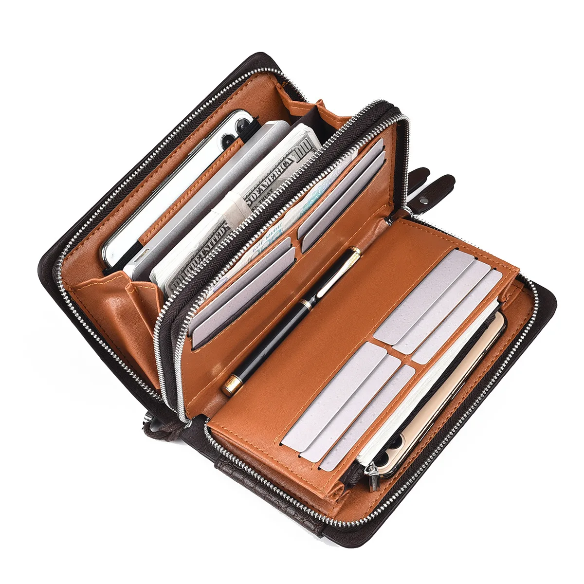 Large Capacity Men's PU Leather Wallet with Wrist Strap - Zippered Organizer for Phone, Cards, Cash & Pen, Fashion Style