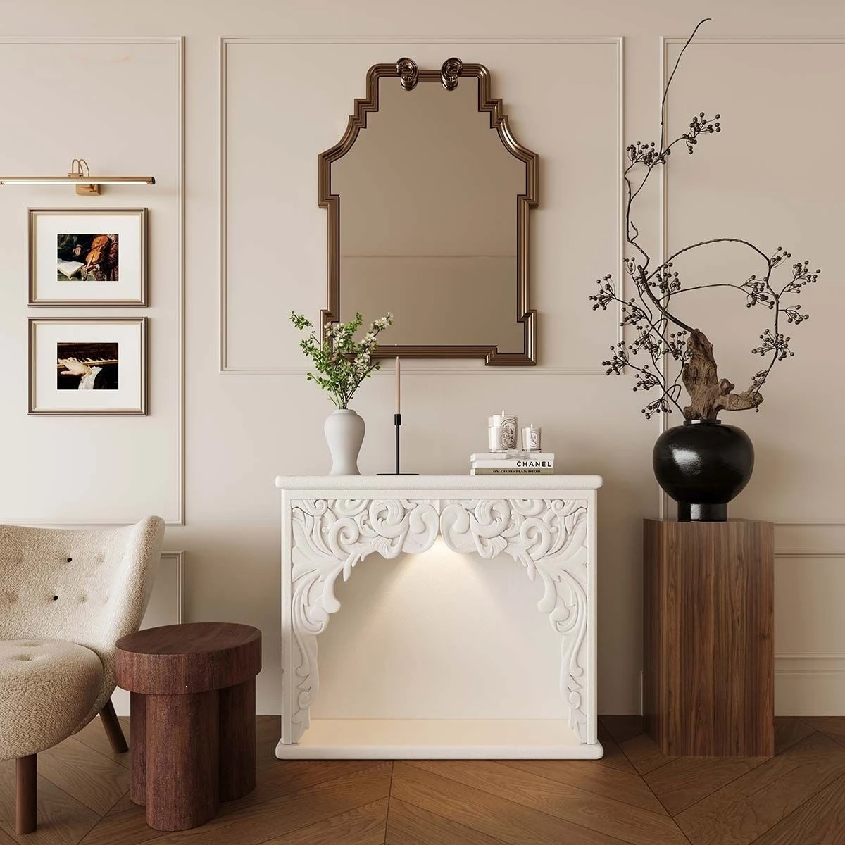 French cream fireplace living room carved decorative cabinet retro decoration European entrance homestay atmosphere light