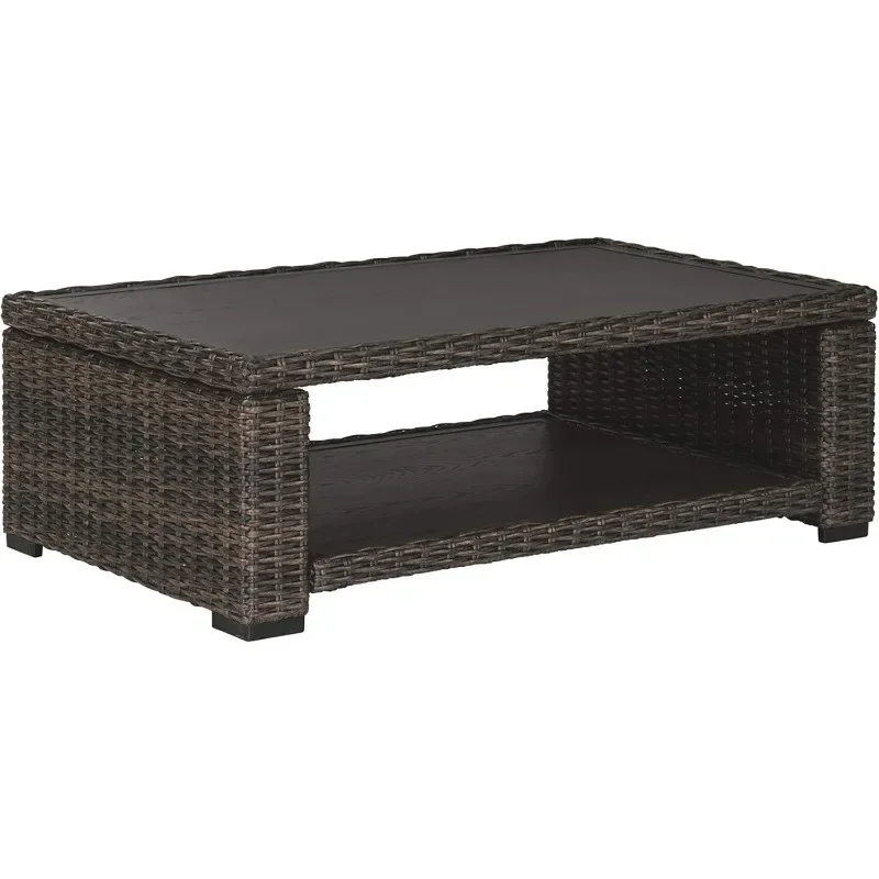 Outdoor Wicker Cocktail Table with Aluminum Frame Powdercoated Aluminum Frame, with Aluminum Tabletop and Lower Shelf