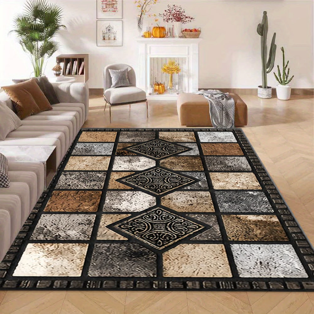 Vintage Ornate Mosaic Tile Style Carpet with Retro Antique Patterns, Suitable for Living Room Home Decoration