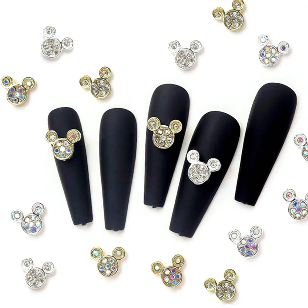 10Pcs 3D Metal Cute Mouse Head Nail Art Charms Shiny Diamond Ring Alloy Christmas Bow Knot Gold/Silver Nail Accessories Parts