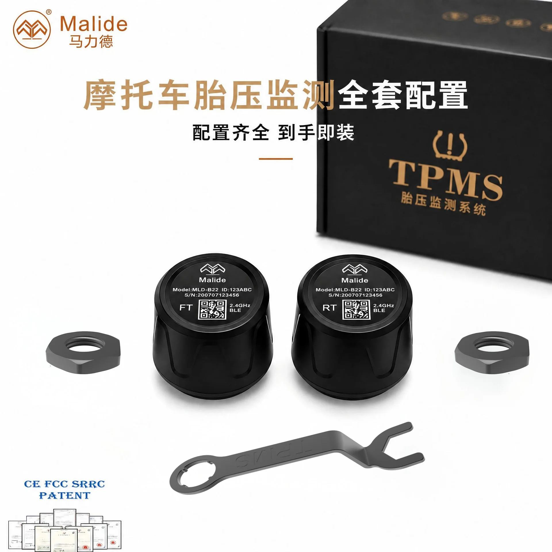 Motorcycle Bluetooth TPMS Tire Pressure Monitoring System with Four External Wireless Sensors, Waterproof Digital Phone App