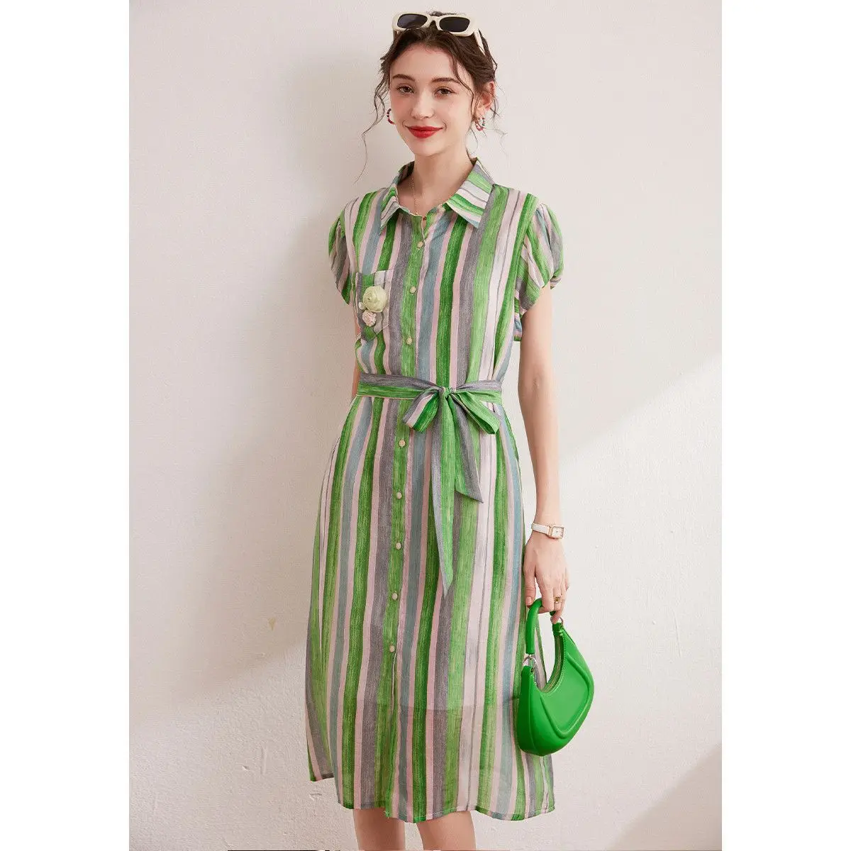 

Tencel Striped Shirt Dress French Fashion Colors Non-Stretch Belt Long Women's Dress