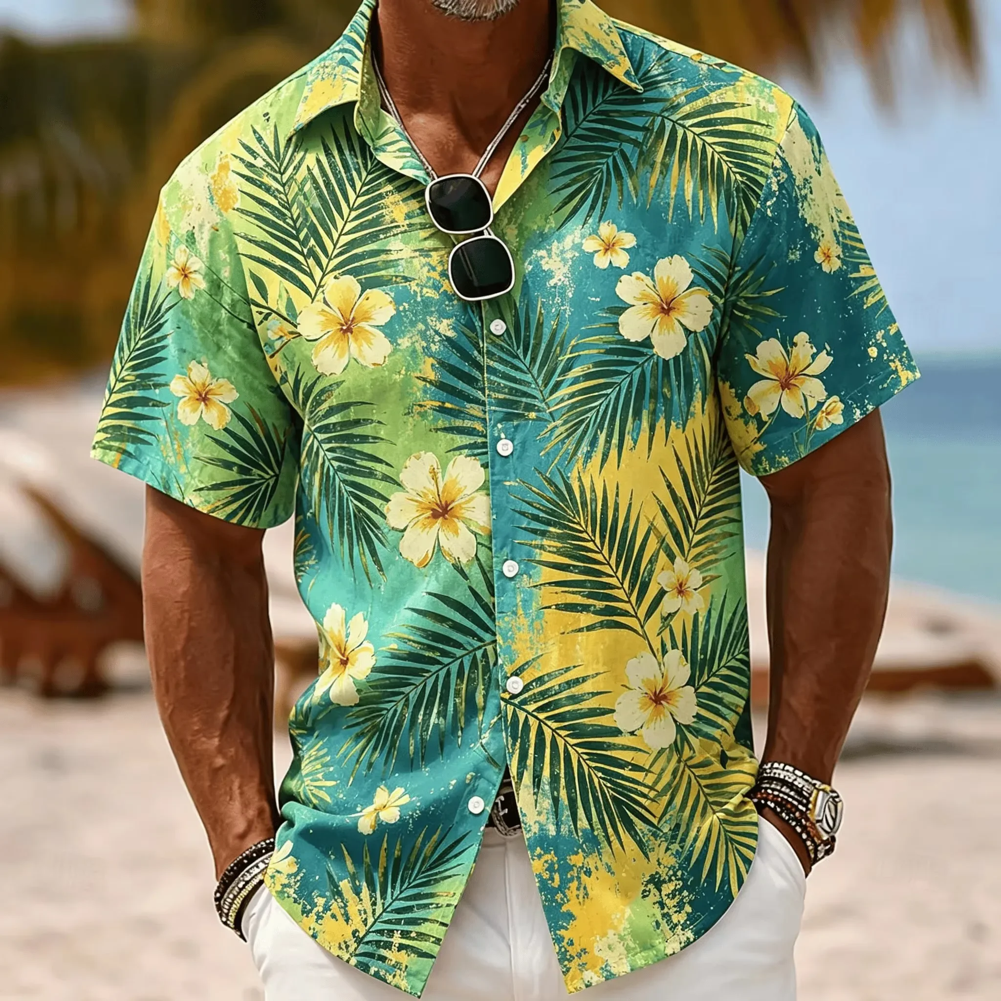 Fresh Japanese Wave Surfing Shirt Men's White Background Gradient Blue Green Wave Surfboard Hand Drawn Full Print Shirt