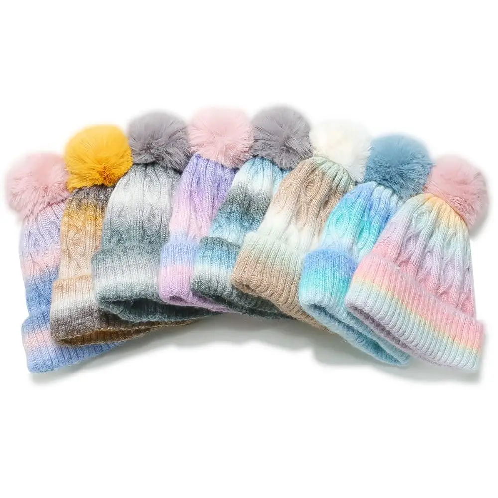 High Quality Thickened Beanie Hat with Faux Fur Pompon Ball Keep Warm Ski Cap Gradient Striped Pattern Ear Protection Hat