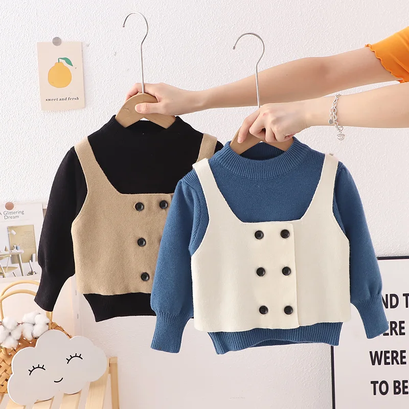 

1-4TChildren's Sweaters New Girls' Sweaters Knitted Pullover Girl Baby Foreigner Tank Top Two Piece Set