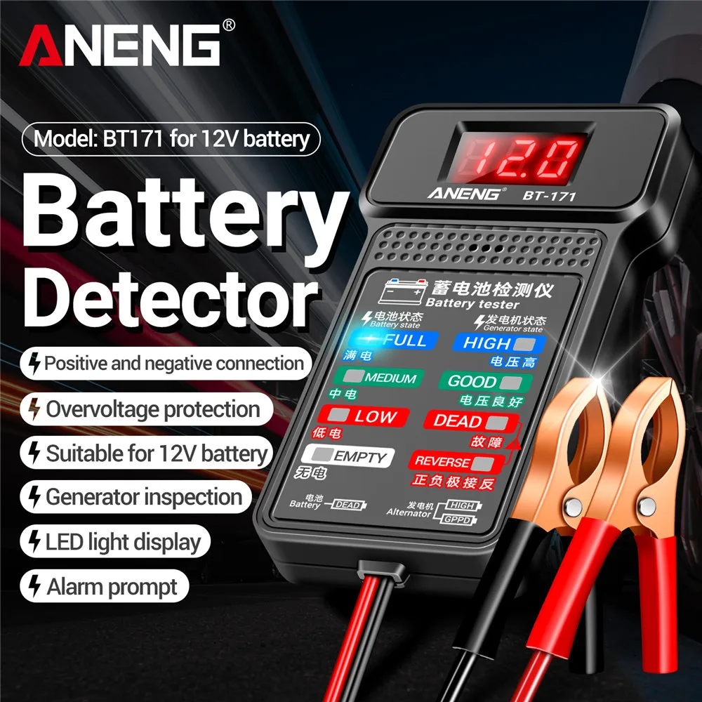 

Auto Repair Battery Tester Digital ANENG BT-171 12V with Alligator Clips LED Battery Status Indicator Electrician Detector Tools