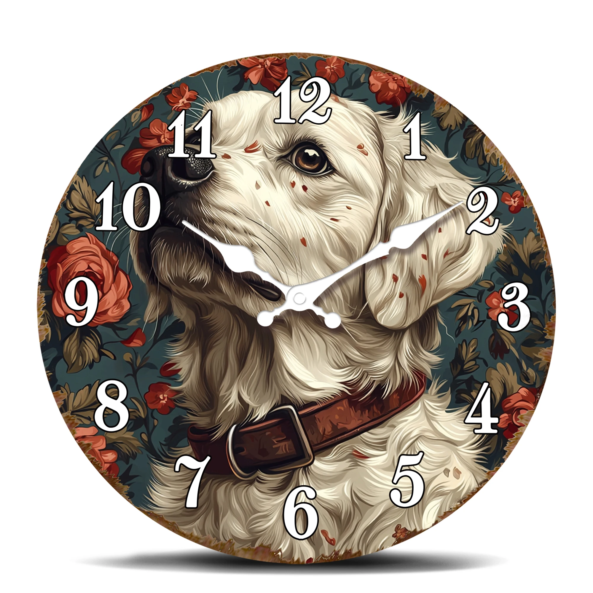 Golden Retriever Dog Portrait Round Wall Clock, Floral Background Decor Design, High-Quality Silent Quartz Movement Decorative T