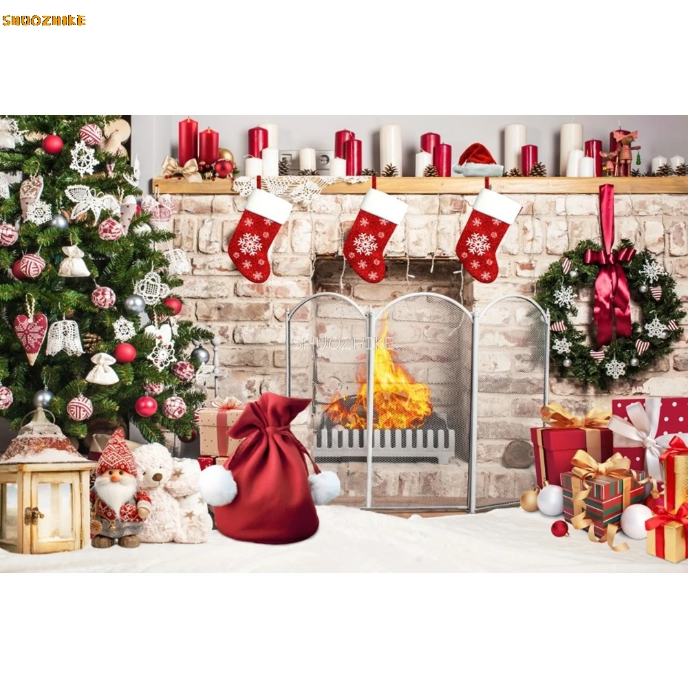 Merry Christmas Backdrop Xmas Tree Fireplace Gift Window Family Baby Portrait Party Photography Background Decor Photo Studio