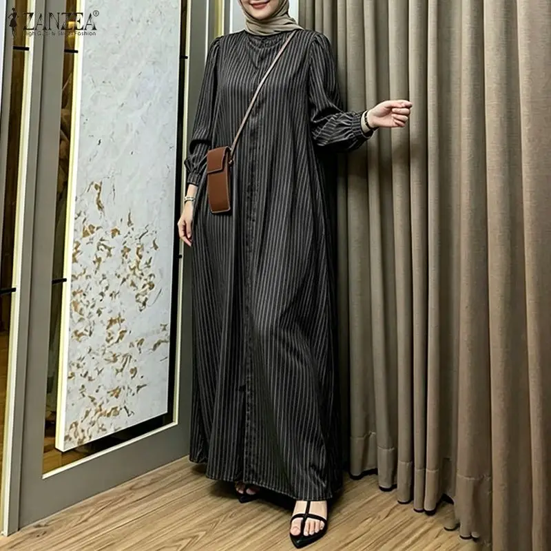 

Elegant Muslim Abaya Hijab Fashion Dress ZANZEA 2026 Summer Women O Neck Long Sleeve Striped Sundress Casual Kaftan IsIamic Robe