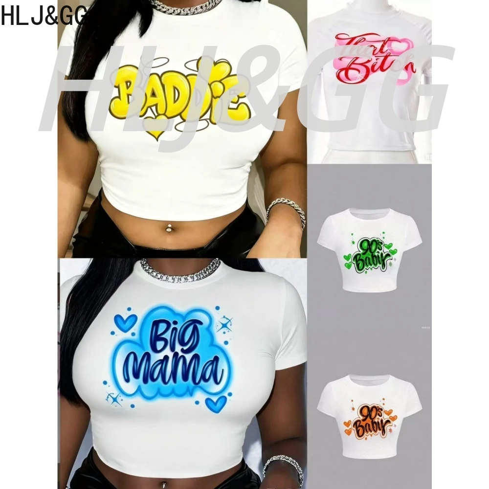 

HLJ&GG Summer New Letter Print Slim Tops White Women O Neck Short Sleeve Crop Tshirts Fashion Design Colorful Trend Streetwear