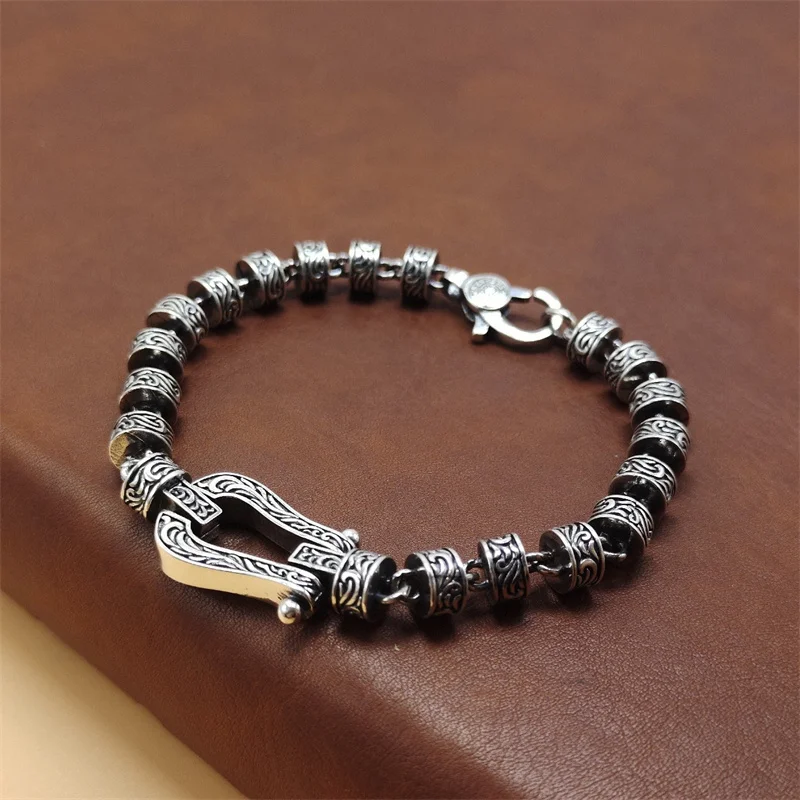 OUYADI S925 Sterling Silver Cuban Link Bracelet For Men Vintage Engraved Horseshoe Buckle Beaded Chain Punk Fashion Jewelry Gift