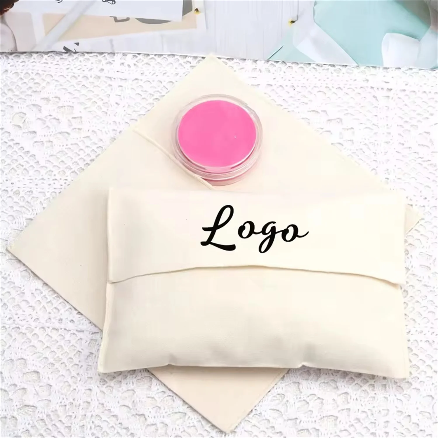 100pcs Luxury Custom Logo Envelope Cotton Canvas Bag for Cosmetics Perfume Promotion White Beige Handbag Packaging Gift Pouch