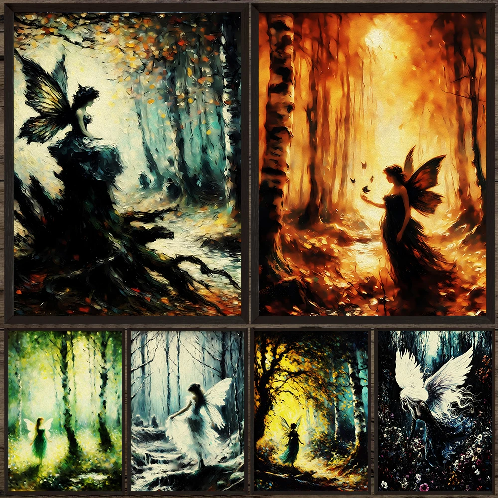 Winged Beings In Magical Forest Realms Vintage Wall Art Print,Fairy In The Autumn Forest Gothic Art Poster Print Home Decoration