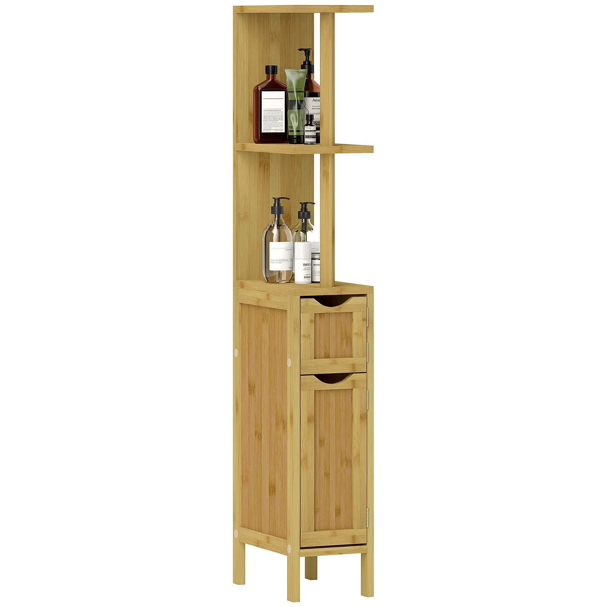 HOMCOM Bambus/MDF Badezimmermöbel mit 2 Schränken & 2 Ablagen, 18x30x120 cm, Anti-Kippschutz
