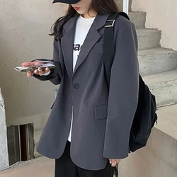 Lucyever Senior Gray Blazer for Women Korean Style Loose Long Sleeve Suit Coat Woman 2024 Spring New Single Button Casual Jacket