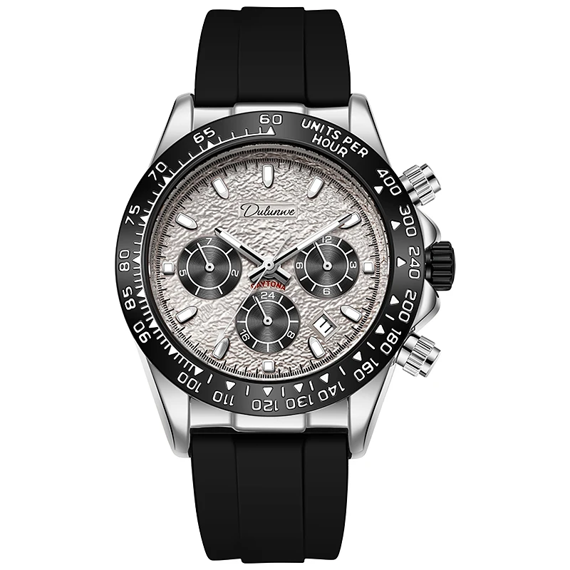 Sport Men Automatic Wristwatch Meteorite Dial Triple Sub‑Dials Rubber Strap Business Casual Watch