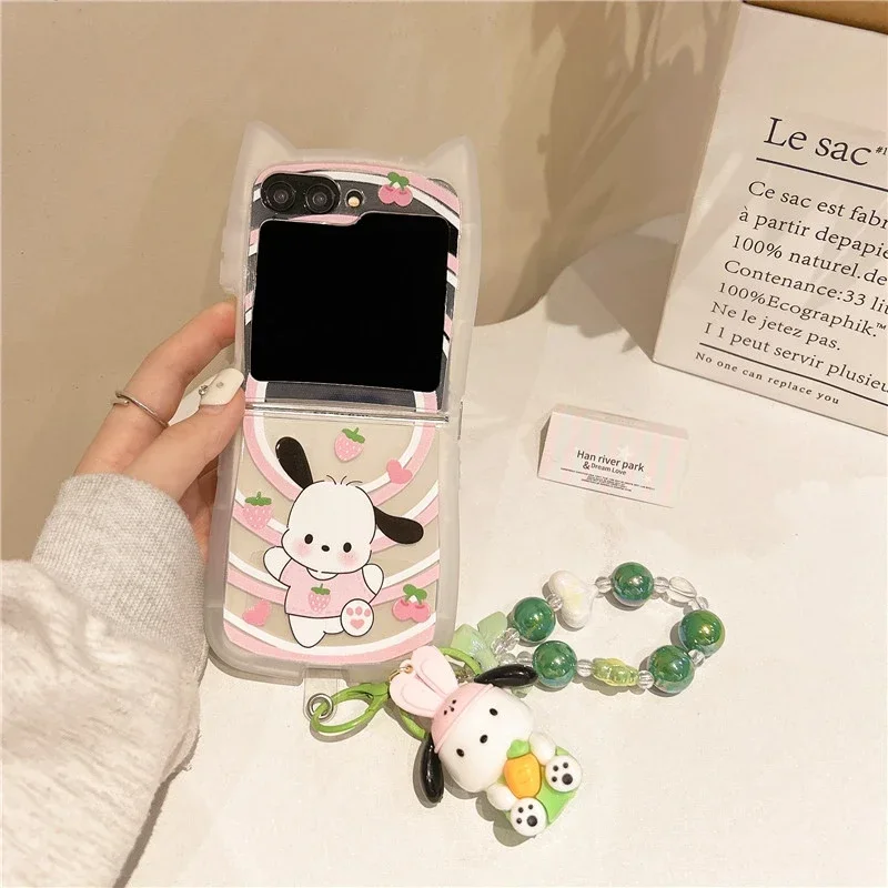 Funda de teléfono Sanrio Pochacco con dibujos animados 3D para Samsung Galaxy Z Flip 6 5, funda transparente de TPU suave para Z Flip 3 4 con cordón