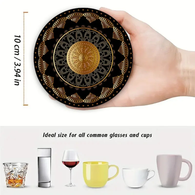 4 pieces of mandala printed coasters, suitable for daily family gathering decoration, office use, anti-slip wooden coasters