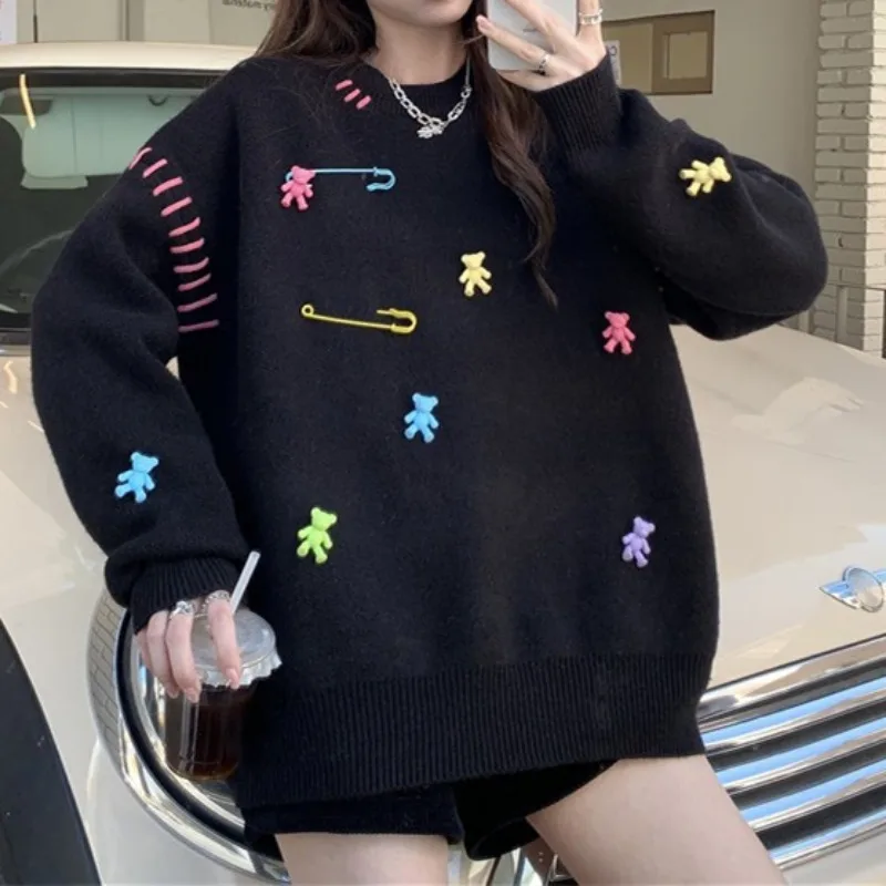 

Осень-зима женские теплые свитера с длинным рукавом круглый воротник вязаные пуловеры повседневные свободные топы с рисунком медведя женский шикарный трикотаж