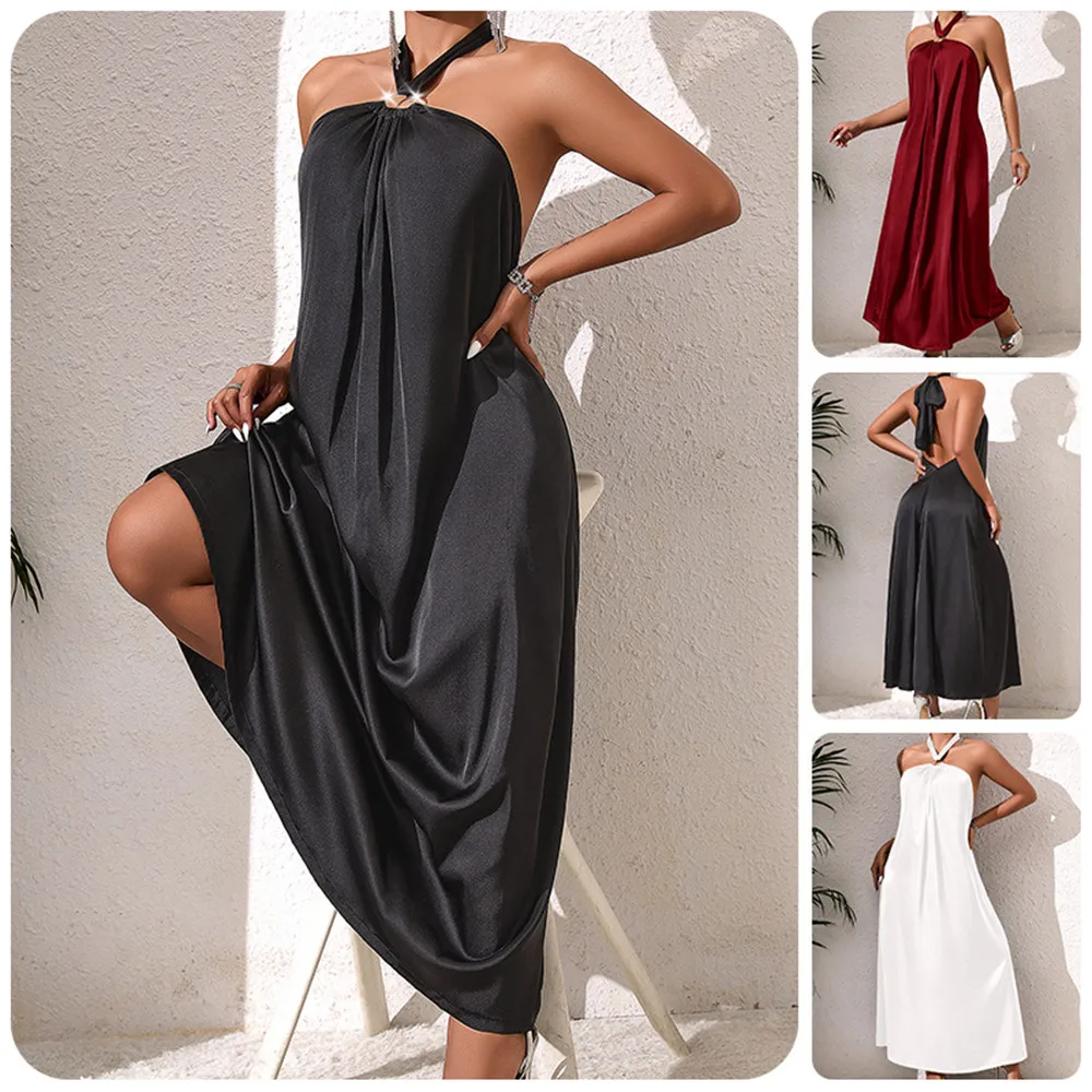 

Female Nightgown Long Home Dress Chemise Sleepwear Sexy Halter Collar Nightdress Lingerie Ice Silk Loungewear