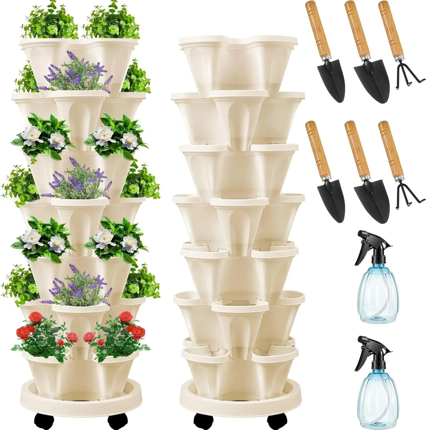 

2 Set of 7 Tier Vertical Planter Stackable Tower Planters Strawberry Herb Flower&Vegetable Pots Indoor Outdoor Gardening Pots