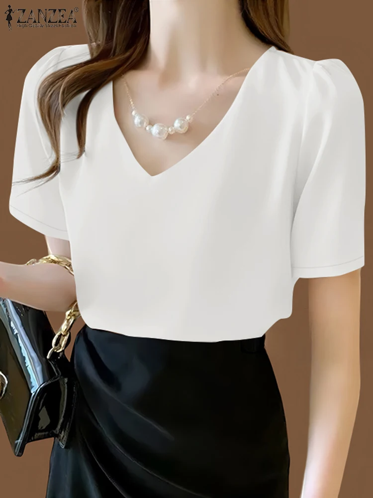 

ZANZEA Summer Elegant V Neck Short Sleeve Office Shirt Women Blouse 2025 Casual OL Work Tops Tunic Solid Loose Chemise Oversize