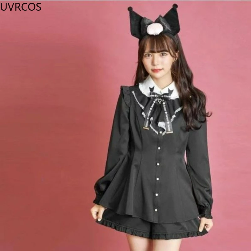 Japanese Gothic Lolita Dress Shorts Set Women Kawaii Bow Lace Short Sleeve Shirt Dress High Waist Rufffles Shorts Female Outfits