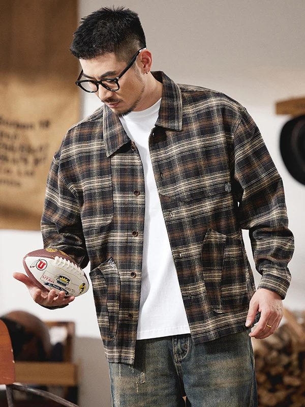 

Мужская свободная повседневная рубашка из хлопка в ретро-клетку с длинным рукавом, осенняя, модная, дышащая, удобная