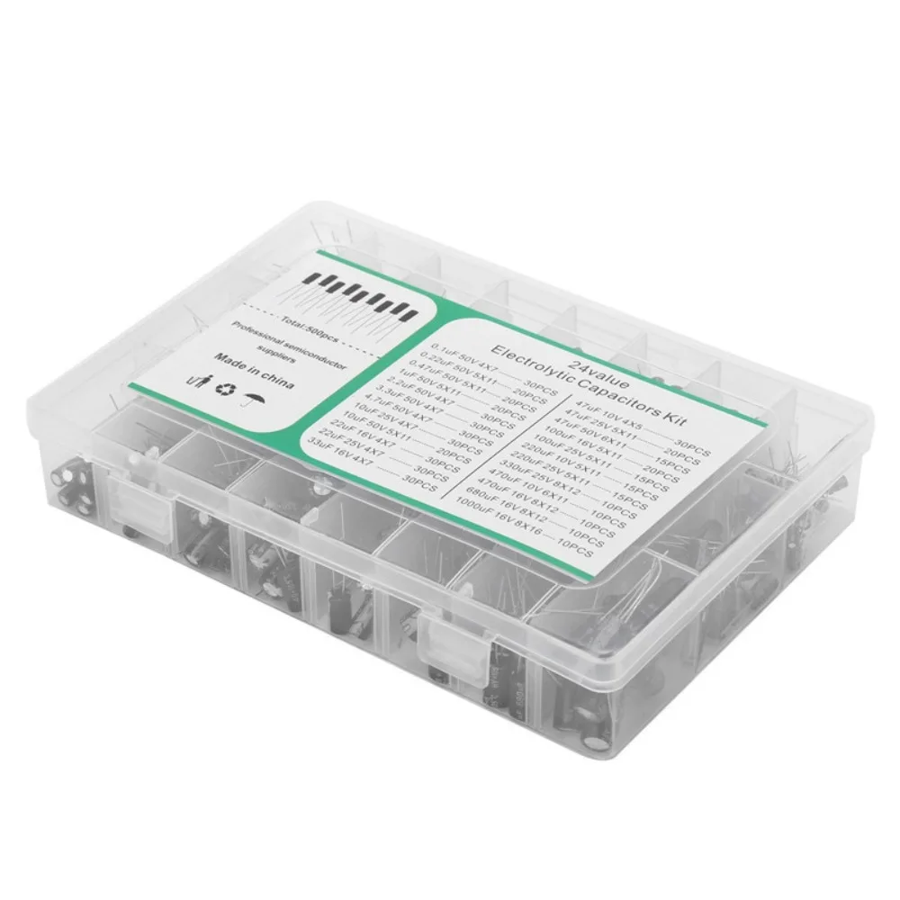 500PCS Direct Insertion Electrolytic Capacitor Sample Kit 0.1uF-1000uF 16V-50V 24 Specifications High Quality Stable Reliable
