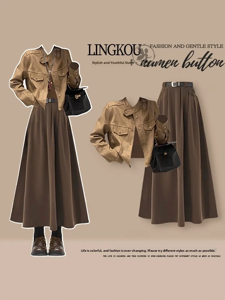 

Large Size Autumnal Mermaid Threesome Set Women's Anti-Aging Jacket with Halter Neck High Waist Retro Skirt Ensemble