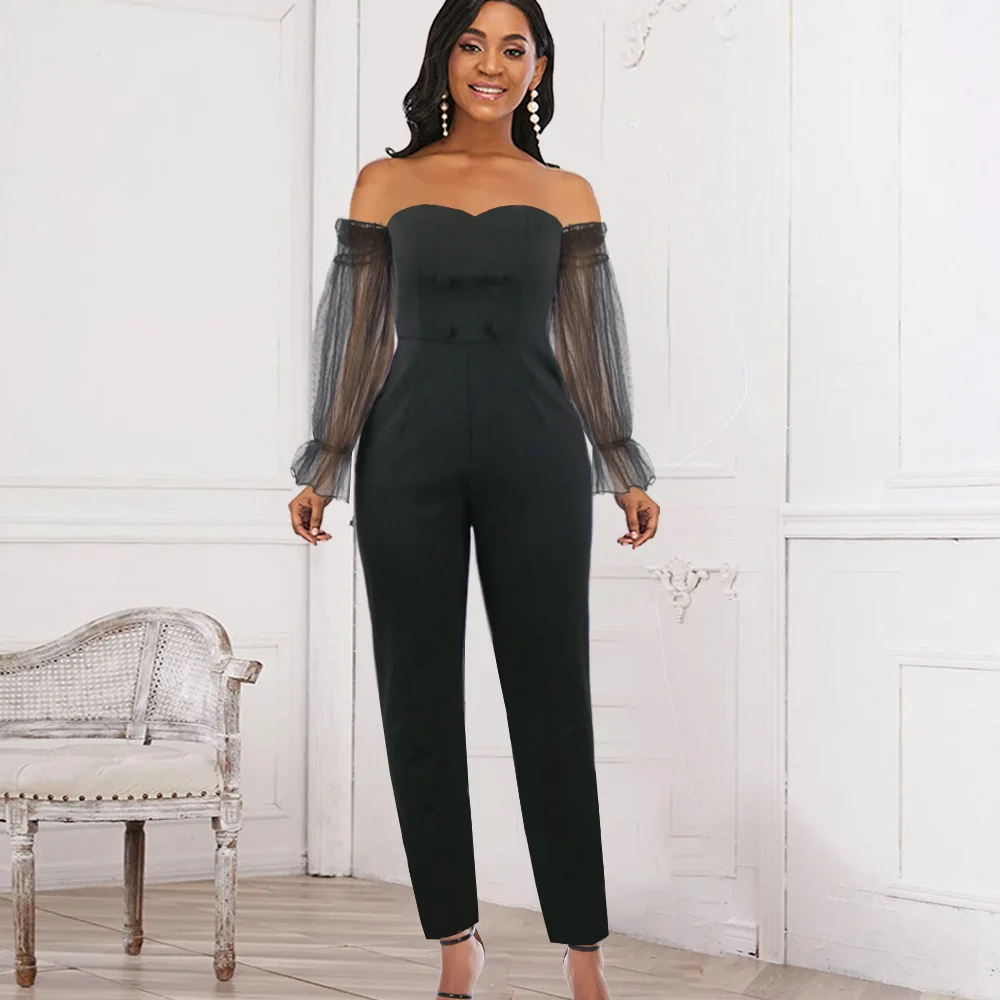 Sexy strapless patchwork see through mesh high waisted hip hugging jumpsuit plus size women's jumpsuit party dress