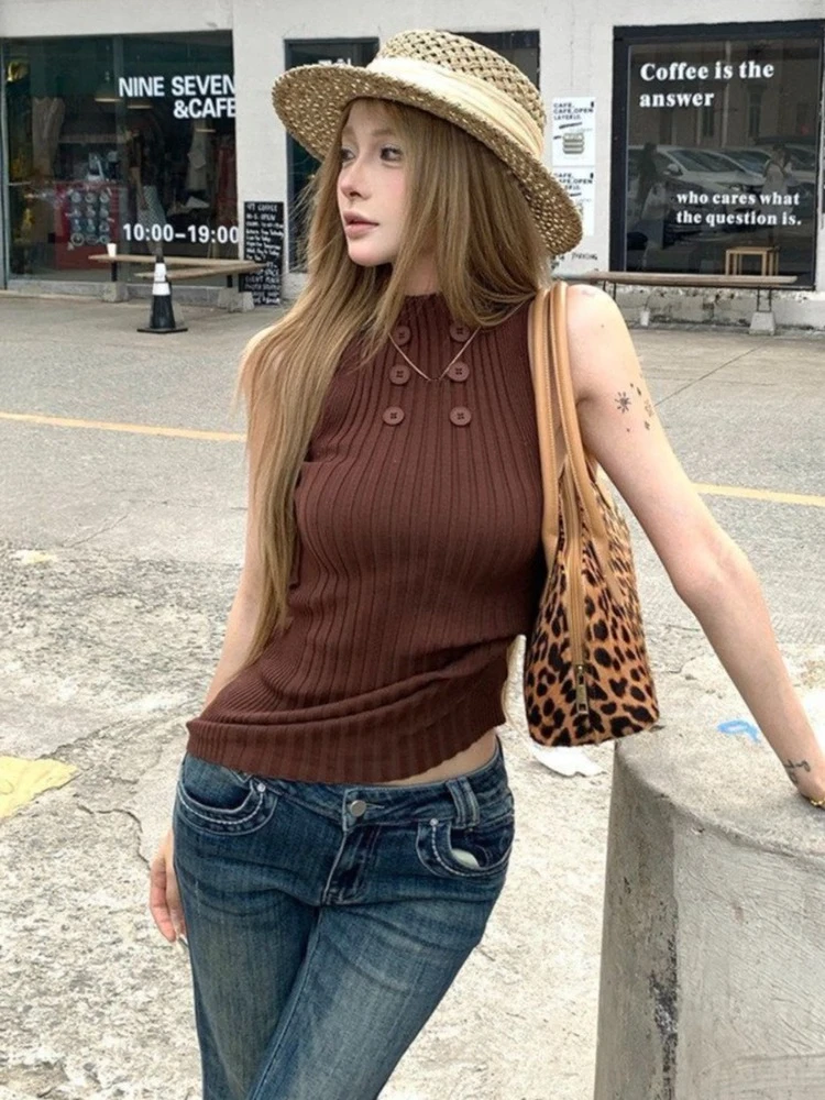 Y2k Aesthetics Double-breasted ​grunge Top Women Harajuku Half High Collar Bodycon Vest Summer Knitted ​vintage Camisole