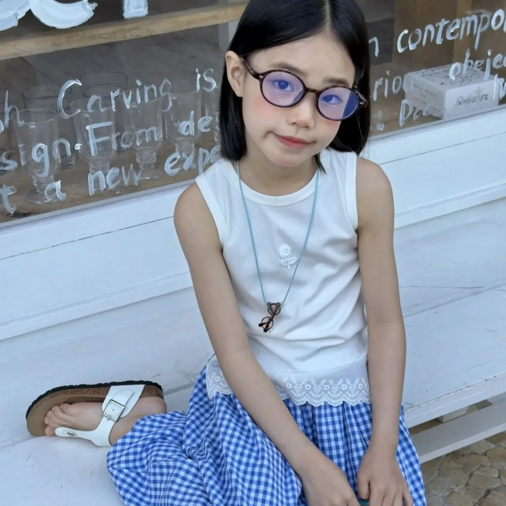 Girls Lace Top 2026 Summer Fashion New Stylish Versatile Solid Color Vest Little Girl Round Neck Sleeveless Base Shirt